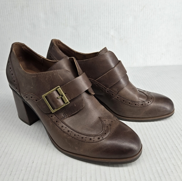 Korks Brown Leather Monk Strap Wing Tip Loafers Block Heel Shoes 10 - Picture 1 of 10